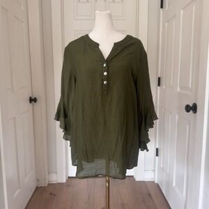Multiples Brand Womens Sz M Blouse Tunic Top Olive Green Blouse Artsy‎ Flowy